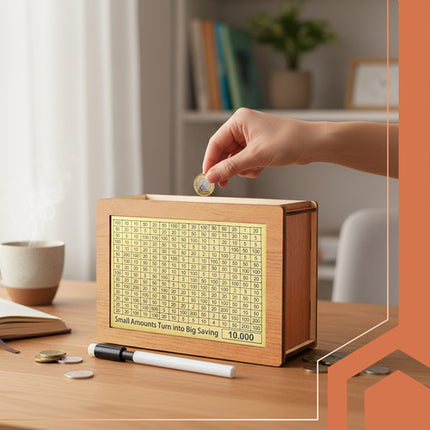 Ruhhy Houten Spaarpot 10.000 Challenge – Verwisselbare Kaarten – Motiverende Spaardoel Box – Natuurlijk Hout