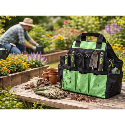 Gereedschapstas Tuin – Tuingereedschap Tas – Gereedschap Organizer – Grote Opbergtas voor Tuingereedschap, Werkplaats, Garage en Klussen – Zwart/Groen