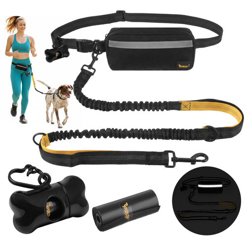 Handsfree Hondenriem met Heupgordel – Schokdempende Hondenriem – Reflecterend – Tot 50 kg – Heuptas – Zwart/Geel