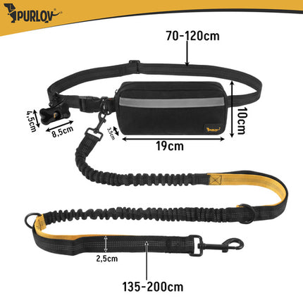 Handsfree Hondenriem met Heupgordel – Schokdempende Hondenriem – Reflecterend – Tot 50 kg – Heuptas – Zwart/Geel