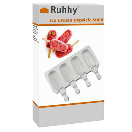 Ruhhy Siliconen IJsjesvorm – 4 IJsjes van 80 ml – Inclusief 50 Houten Stokjes – Flexibel & Herbruikbaar – Zwart