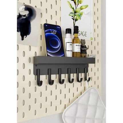 Ruhhy Wandhanger Zwart – Magnetische Sleutelhanger & Wandplank met 6 Haken – IJzer, Loftdesign, Schroef- of Magneetmontage voor Sleutels & Kleding