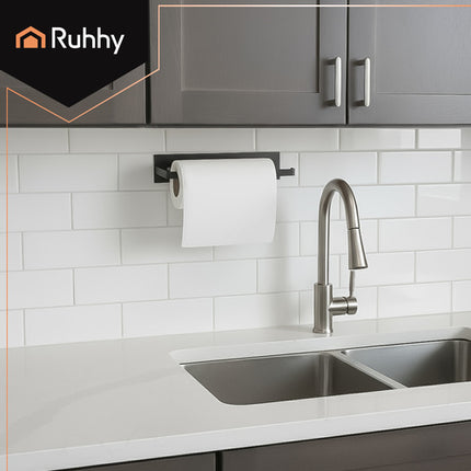 Ruhhy Keukenrolhouder 25 cm – Zwarte Metalen Hanger voor Keuken & Badkamer – Montage Zonder Boren of Schroeven