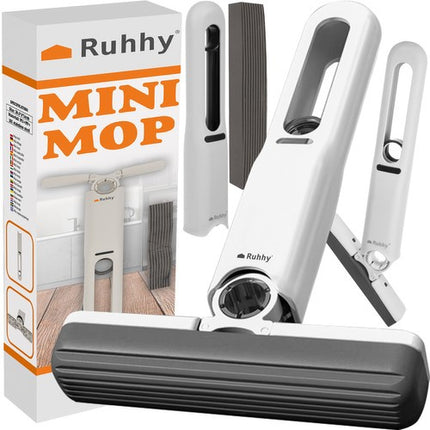 Ruhhy Compacte Mini-Mop – Streeploos Ramen & Spiegels Wassen – Waterinjectiesysteem – 2 Duurzame Klikpads – Ergonomische Handgreep – Wit