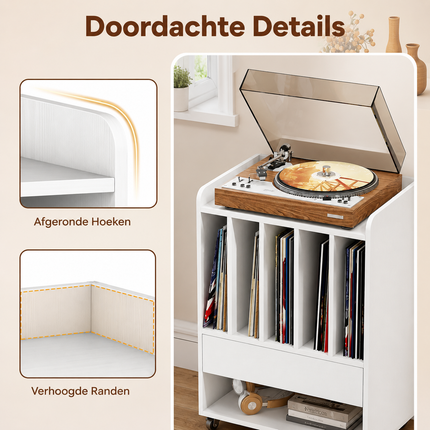 Vinyl Platenkast Wit met Wielen – Platenspeler Meubel met 5 Opbergvakken, Lade en Opbergplank