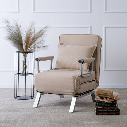 2de kansje Mebel Elite Bart Luxe 3-in-1 Uitklapbare Slaapstoel Beige - Inklapbare Slaapbank Met 5 Standen Verstelbare Rugleuning - Belastbaar Tot 125 kg - Moderne Slaapfauteuil - Logeerbed