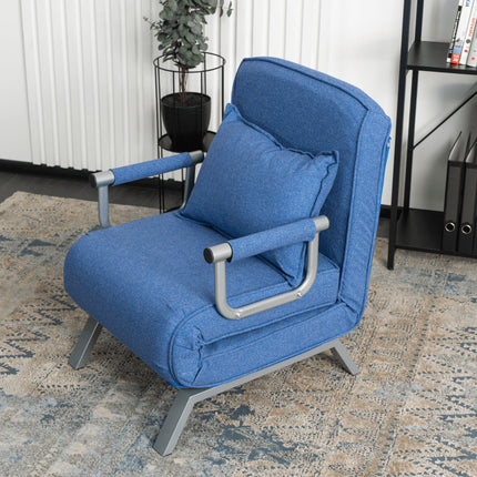 Mebel Elite Bart Luxe 3-in-1 Uitklapbare Slaapstoel Blauw - Inklapbare Slaapbank Met 5 Standen Verstelbare Rugleuning - Belastbaar Tot 125 kg - Moderne Slaapfauteuil - Logeerbed