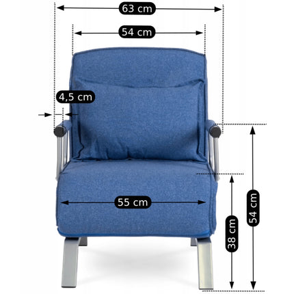 Mebel Elite Bart Luxe 3-in-1 Uitklapbare Slaapstoel Blauw - Inklapbare Slaapbank Met 5 Standen Verstelbare Rugleuning - Belastbaar Tot 125 kg - Moderne Slaapfauteuil - Logeerbed