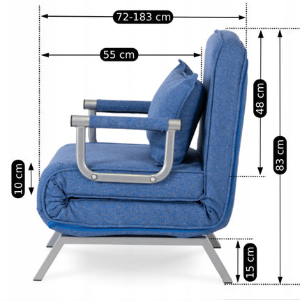 Mebel Elite Bart Luxe 3-in-1 Uitklapbare Slaapstoel Blauw - Inklapbare Slaapbank Met 5 Standen Verstelbare Rugleuning - Belastbaar Tot 125 kg - Moderne Slaapfauteuil - Logeerbed