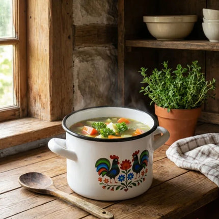 Emaille Kookpan 3,4 Liter – Geëmailleerde Pan 18 cm – Kookpot met Folk Design – Wit