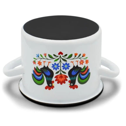 Emaille Kookpan 6 Liter – Geëmailleerde Pan 22 cm – Grote Kookpot met Folk Design – Wit
