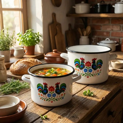 Emaille Kookpan 3,4 Liter – Geëmailleerde Pan 18 cm – Kookpot met Folk Design – Wit