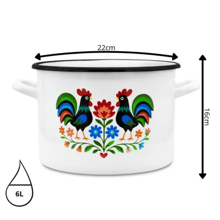 Emaille Kookpan 6 Liter – Geëmailleerde Pan 22 cm – Grote Kookpot met Folk Design – Wit