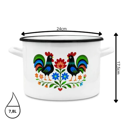 Emaille Kookpan 7,8 Liter – Grote Geëmailleerde Pan 24 cm – Kookpot met Folk Design – Wit