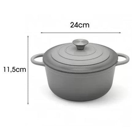 Gietijzeren Braadpan 24 cm – 3,7 Liter Geëmailleerde Stoofpan met Deksel – Inductie & Oven – Grijs