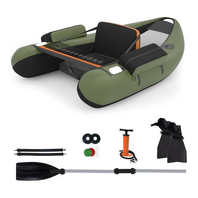 Trendmix Opblaasbare Belly Boat 136 x 105 cm – Lichtgewicht Visboot – Inclusief Peddel & Flippers – 160 kg Draagvermogen – Groen