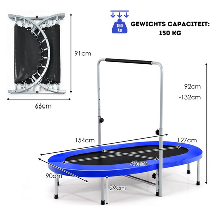 Trendmix XL Dubbele Fitness Trampoline voor 2 personen - 150 kg belasting - Opvouwbare Mini Trampoline Met Verstelbare Leuning - Voor volwassenen en kinderen - 154 x 89 x 92-132 cm - Blauw