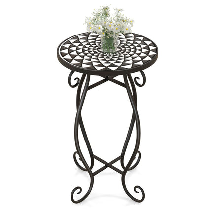 Mozaïek Bijzettafel voor Binnen en Buiten - Ronde Terrastafel met Weerbestendig keramiek Tafelblad - Kleine Plantenstandaard 30 x 30 x 50 - Zwart/Wit