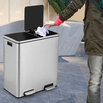 Trendmix RVS Afvalscheidingsprullenbak 2 x 30L - Prullenbak 60L Met Dubbele Compartimenten En Voetpedalen - Anti-Vingerafdruk
