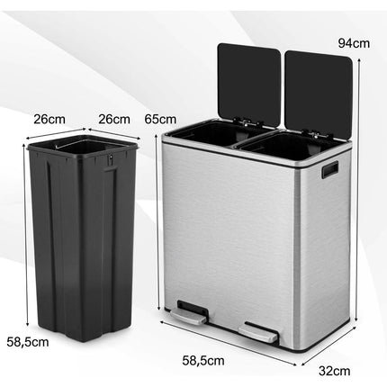 Trendmix RVS Afvalscheidingsprullenbak 2 x 30L - Prullenbak 60L Met Dubbele Compartimenten En Voetpedalen - Anti-Vingerafdruk