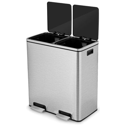 Trendmix RVS Afvalscheidingsprullenbak 2 x 30L - Prullenbak 60L Met Dubbele Compartimenten En Voetpedalen - Anti-Vingerafdruk