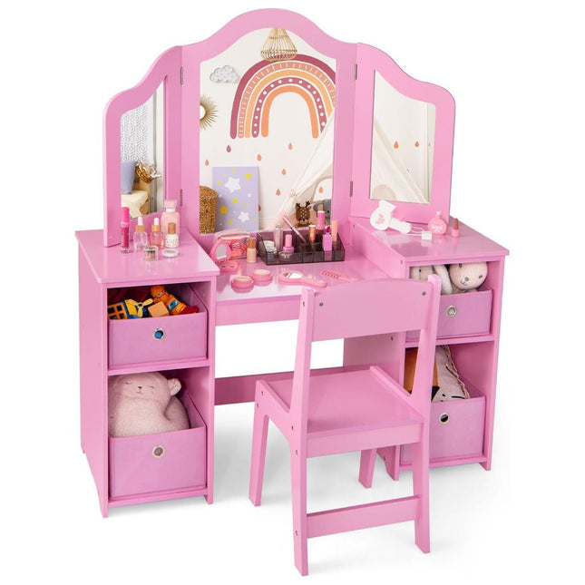 Trendmix 2 in 1 Kaptafel kind met Stoel En 3 Spiegels 104 x 40 x 117 cm Roze - Set voor Kinderen - Make-Up Tafel - Opmaaktafel