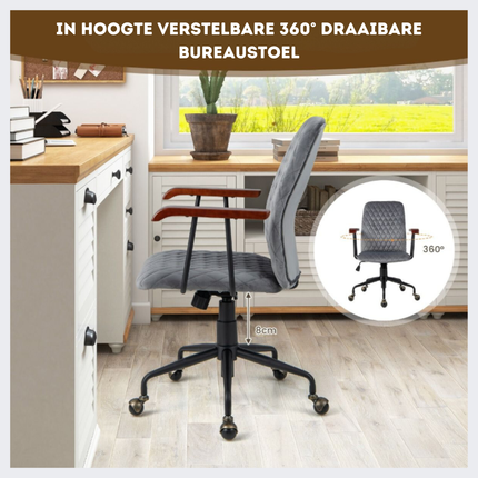 Trendmix Fluwelen Bureaustoel Grijs – Ergonomisch Verstelbaar – Kantelbare Rugleuning – 150 kg Draagvermogen – Retro Design met Koperen Wielen