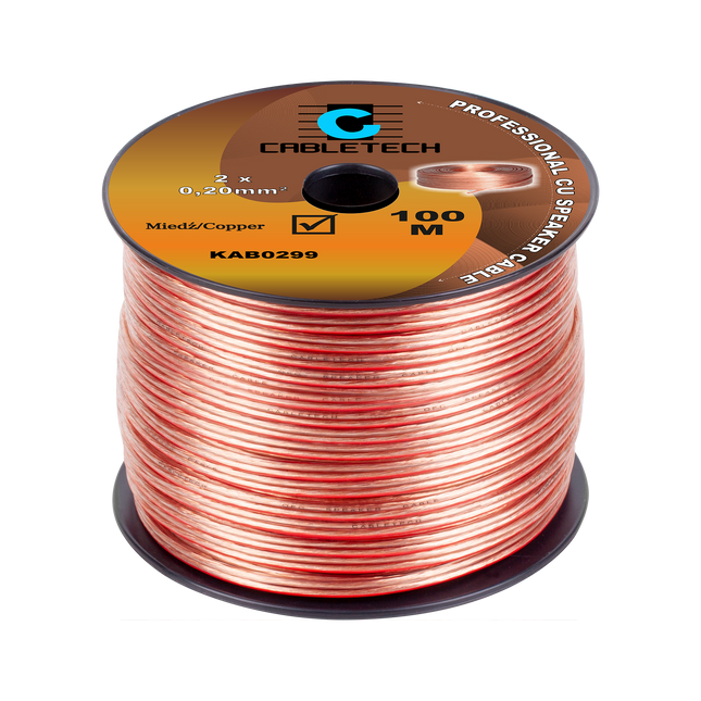 Speaker Kabel 100 Meter Haspel 2x0.20 mm² CU Koper KAB0299 – Luidsprekerkabel Transparant – Audio Kabel Rol – Cabletech