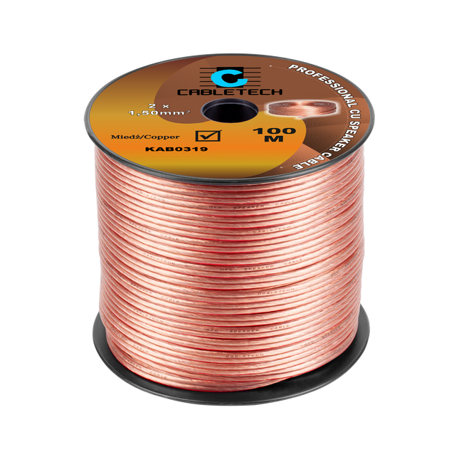 Speaker Kabel 100 Meter Haspel 2x1.5 mm² CU Koper KAB0319 – Luidsprekerkabel Transparant – Audio Kabel Rol