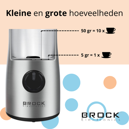 Brock Elektrische Koffiemolen 150W Zilver – Voor Koffiebonen, Kruiden, Noten & Specerijen – Stil, Snel & BPA-vrij – RVS Mes