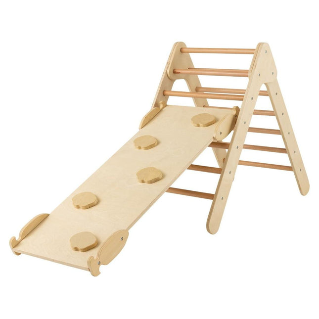 Trendmix 3 in 1 Houten Driehoek Klimrek Met Glijbaan - Montessori Klimdriehoek Met Klimplank - Natuurlijk Hout - Vanaf 1 Jaar - Maximaal 50 kg