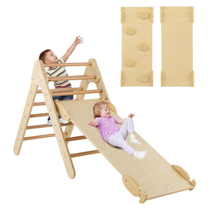Trendmix 3 in 1 Houten Driehoek Klimrek Met Glijbaan - Montessori Klimdriehoek Met Klimplank - Natuurlijk Hout - Vanaf 1 Jaar - Maximaal 50 kg
