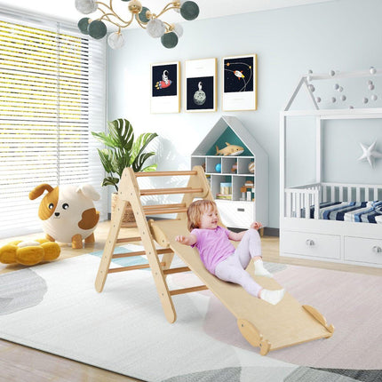 Trendmix 3 in 1 Houten Driehoek Klimrek Met Glijbaan - Montessori Klimdriehoek Met Klimplank - Natuurlijk Hout - Vanaf 1 Jaar - Maximaal 50 kg