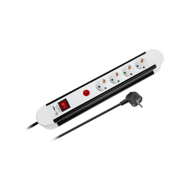 Verlengsnoer met stekkerdoos 4 voudig 1,5 meter snoer 3x 1,5mm2, randaarde, kinderbeveiliging.