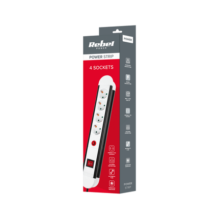 Verlengsnoer met stekkerdoos 4 voudig 1,5 meter snoer 3x 1,5mm2, randaarde, kinderbeveiliging.