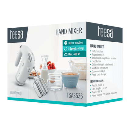 Teesa Handmixer 400 Watt inclusief deeghaken en garde wit TSA3536