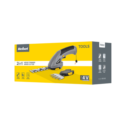 Rebel 4V 2 Ah Li-Ion Accu 2 in 1 buxusschaar en grastrimmer inclusief accu en oplader 1100 slagen/min RB-5003