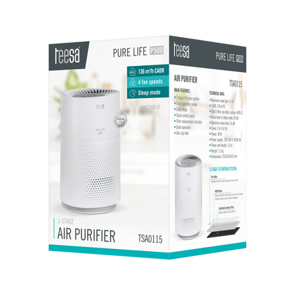 Teesa Luchtreiniger Pure Life P500 – HEPA Filter & Koolstoffilter – Luchtzuiveraar voor Slaapkamer, Woonkamer of Kantoor – Verwijdert Allergenen, Fijnstof, Geuren & Rook – Stil en Efficiënt