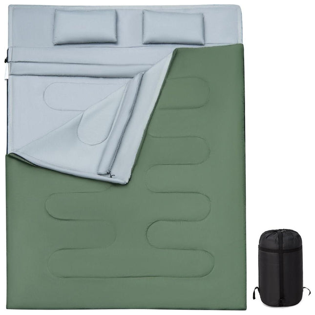 Trendmix Dubbele Slaapzak 2-in-1 – Waterdicht – Inclusief 2 Kussens & Draagtas – 220x150 cm – Groen / Grijs – Voor Kamperen & Outdoor