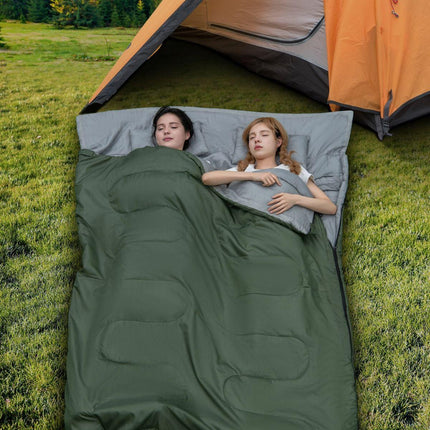 Trendmix Dubbele Slaapzak 2-in-1 – Waterdicht – Inclusief 2 Kussens & Draagtas – 220x150 cm – Groen / Grijs – Voor Kamperen & Outdoor