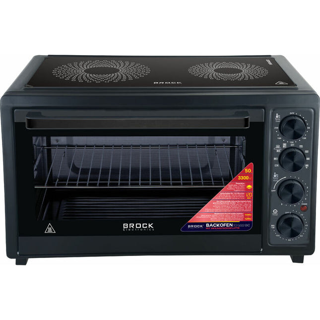 BROCK Elektrische Mini Oven 50L met 2 Keramische Kookplaten – 1800W Vrijstaande Combi Convectie Oven met Grill – Zwart