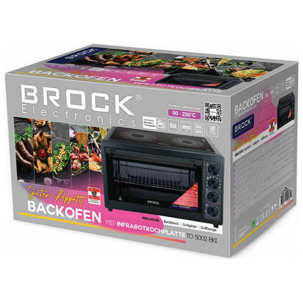 BROCK Elektrische Mini Oven 50L met 2 Keramische Kookplaten – 1800W Vrijstaande Combi Convectie Oven met Grill – Zwart