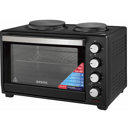 BROCK Elektrische Mini Oven 30L met 2 Kookplaten – Combi Convectieoven & Grill – 1600W – Vrijstaande Compacte Oven voor Keuken of Camping – Zwart
