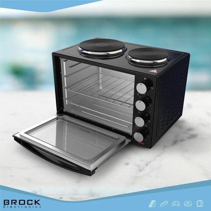 BROCK Elektrische Mini Oven 30L met 2 Kookplaten – Combi Convectieoven & Grill – 1600W – Vrijstaande Compacte Oven voor Keuken of Camping – Zwart