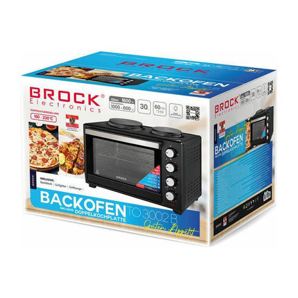 BROCK Elektrische Mini Oven 30L met 2 Kookplaten – Combi Convectieoven & Grill – 1600W – Vrijstaande Compacte Oven voor Keuken of Camping – Zwart