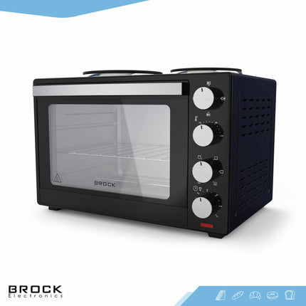 BROCK Elektrische Mini Oven 30L met 2 Kookplaten – Combi Convectieoven & Grill – 1600W – Vrijstaande Compacte Oven voor Keuken of Camping – Zwart