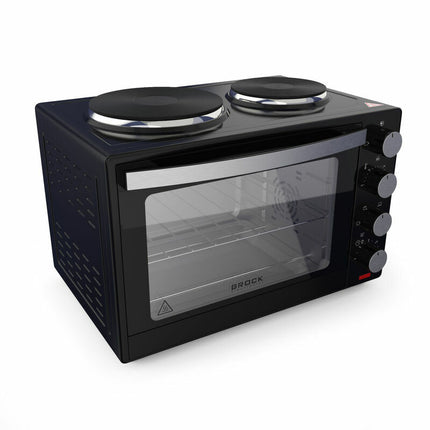 BROCK Elektrische Mini Oven 30L met 2 Kookplaten – Combi Convectieoven & Grill – 1600W – Vrijstaande Compacte Oven voor Keuken of Camping – Zwart