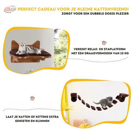Trendmix Katten Klimmuur Met Bed en Loopbrug – Wandmontage – Duurzaam Hout – Voor Klimmen, Rusten en Spelen – Bruin