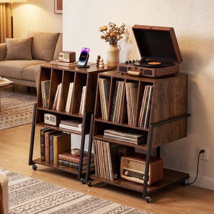 Vinyl Platenkast met Stopcontacten – Platenspeler Meubel met 4 Vakken – Verrijdbaar – Bruin
