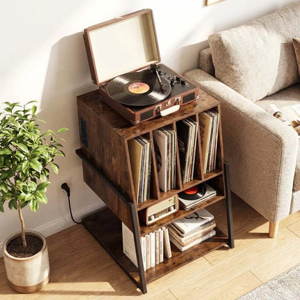 Vinyl Platenkast met Stopcontacten – Platenspeler Meubel met 4 Vakken – Verrijdbaar – Bruin